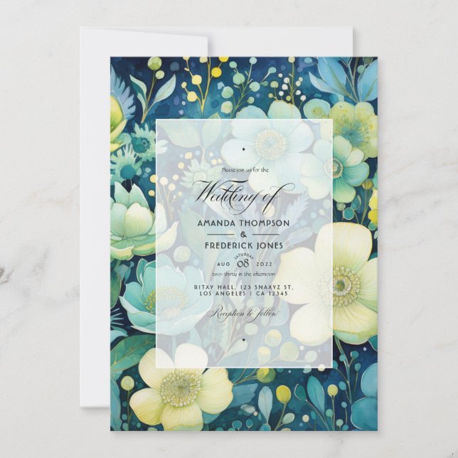 Invitación Verde, marina, azul pálido y Boda floral de oro (Anverso)