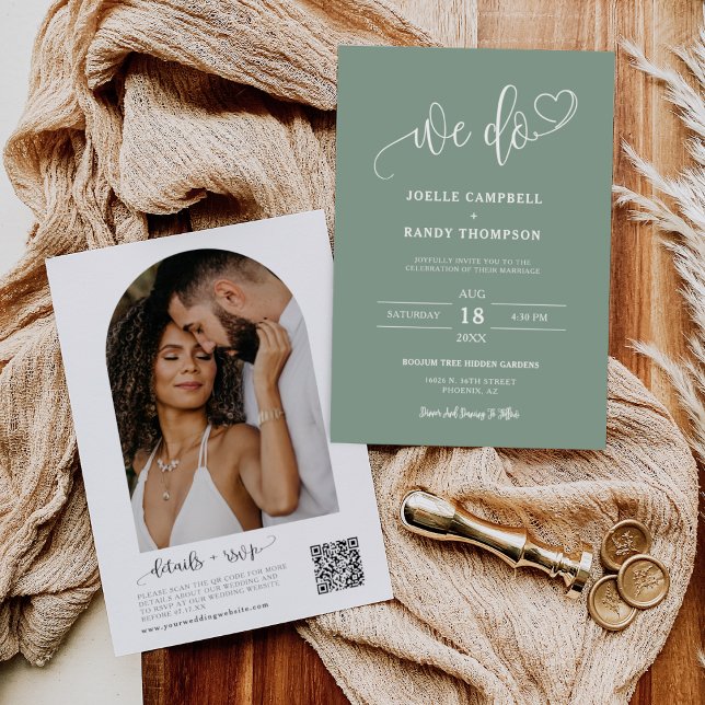 Invitación Verde Masaje moderno We Do Boho Boda QR Code Photo (Subido por el creador)