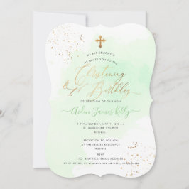 Invitación Verde menta Acuarela Bautizo+1er Cumpleaños