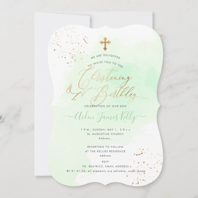 Invitación Verde menta Acuarela Bautizo+1er Cumpleaños (Anverso)