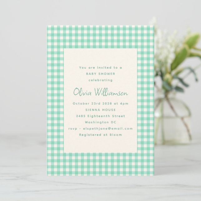 Invitación Verde Menta Cuadros de Gingham Fiesta Retro para B (Anverso de pie)