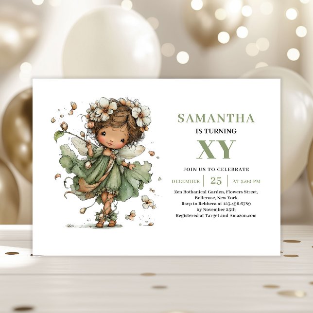 Invitación Verde Menta Cumpleaños Niña Hada Linda (Cute Fairy Girl Birthday Sage Green Invitation)
