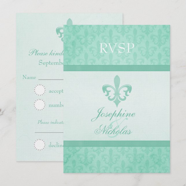 Invitación Verde menta Fleur De Lis respuesta de boda formal (Anverso / Reverso)
