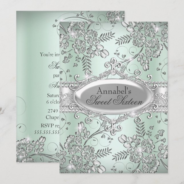 Invitación Verde Menta Flor de Destello de Plata Dulces 16 (Anverso / Reverso)