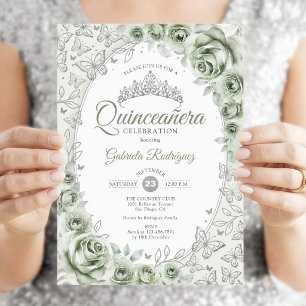 Invitación Verde Menta Floral de Quinceañera Plata
