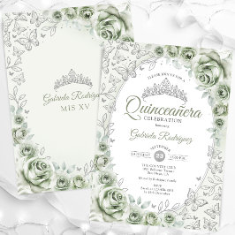 Invitación Verde Menta Floral de Quinceañera Plata