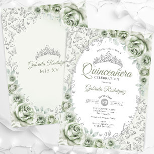 Invitación Verde Menta Floral de Quinceañera Plata