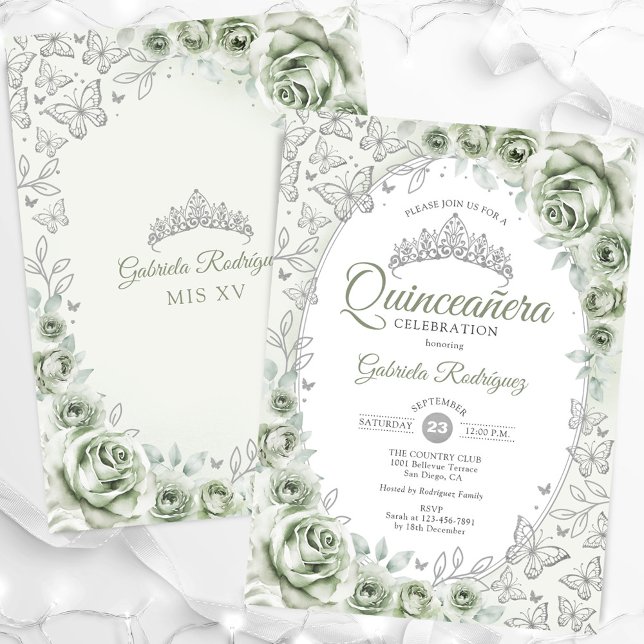 Invitación Verde Menta Floral de Quinceañera Plata (Subido por el creador)