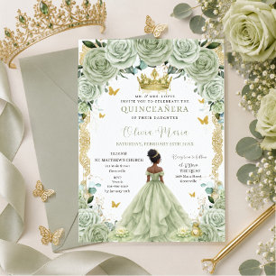 Invitación Verde Menta Floral Princesa y Rana Quinceañera 