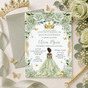 Invitación Verde Menta Floral Princesa y Rana Quinceañera 