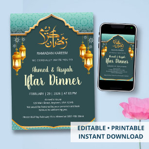 Invitación Verde menta moderno y dorado Festivo Iftar de Rama