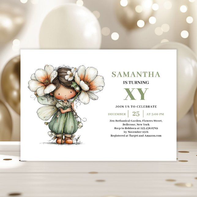 Invitación Verde Menta para el Segundo Cumpleaños  (Cute Fairy Girl 2nd Birthday Sage Green Invitation)