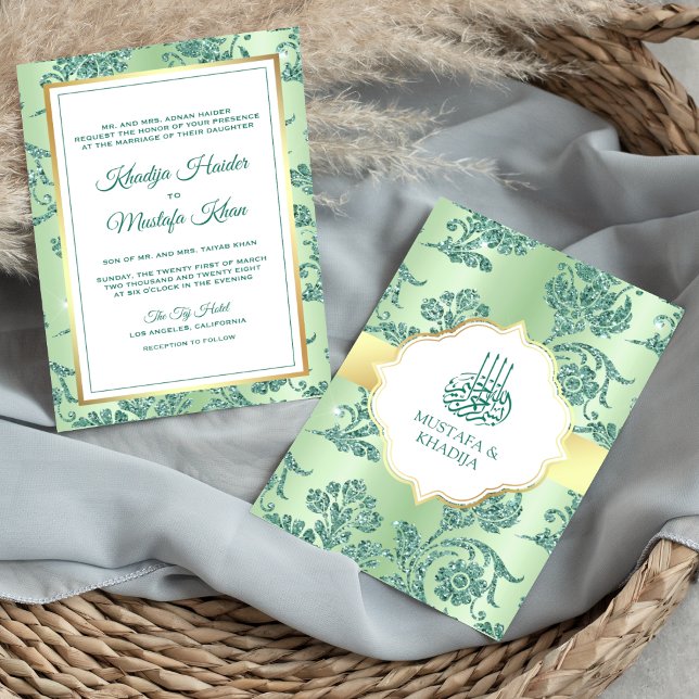 Invitación Verde menta rústico con filigrana de brillo para b (Subido por el creador)