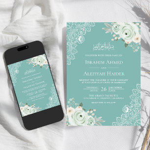 Invitación Verde Menta Salvia Floral Encaje Musulmán Boda