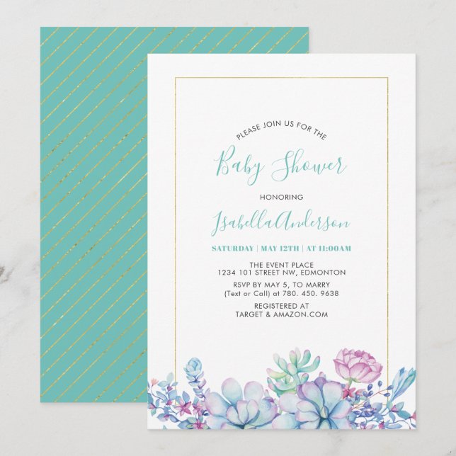 Invitación Verde Menta | Shower de Bebé Suculentas Tropicales (Anverso / Reverso)