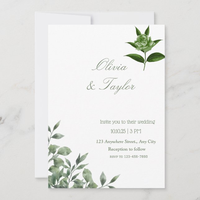 Invitación Verde Minimalista Floral verde eucalipto  (Anverso)