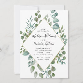 Invitación Verde Moderno | Boda con Marco Geométrico Dorado