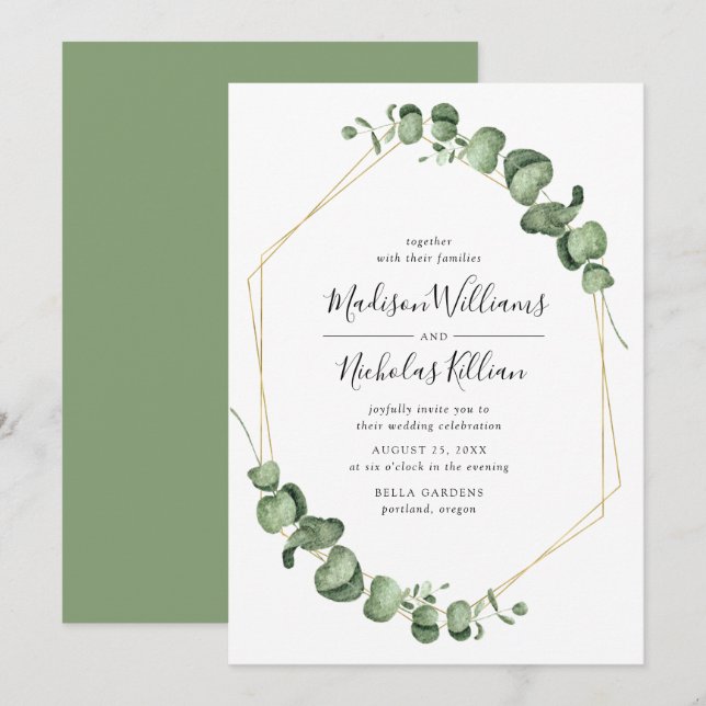 Invitación Verde Moderno | Boda Marco Geométrico Dorado (Anverso / Reverso)