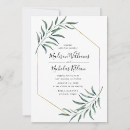 Invitación Verde Moderno | Boda Marco Geométrico Dorado