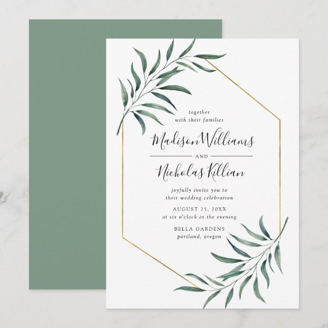 Invitación Verde Moderno | Boda Marco Geométrico Dorado (Anverso / Reverso)