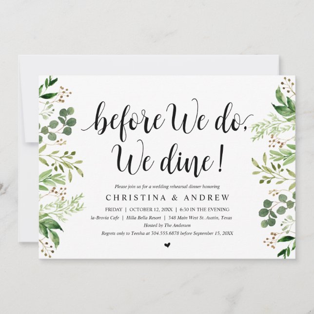 Invitación Verde Moderno, Cena de Ensayo de Boda (Anverso)