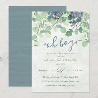 Invitación Verde moderno Oh Boy Blue Floral Baby Shower