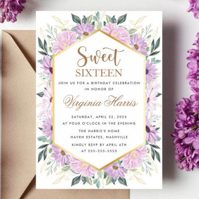 Invitación Verde Morado Floral Dulce Dieciséis Cumpleaños (Subido por el creador)