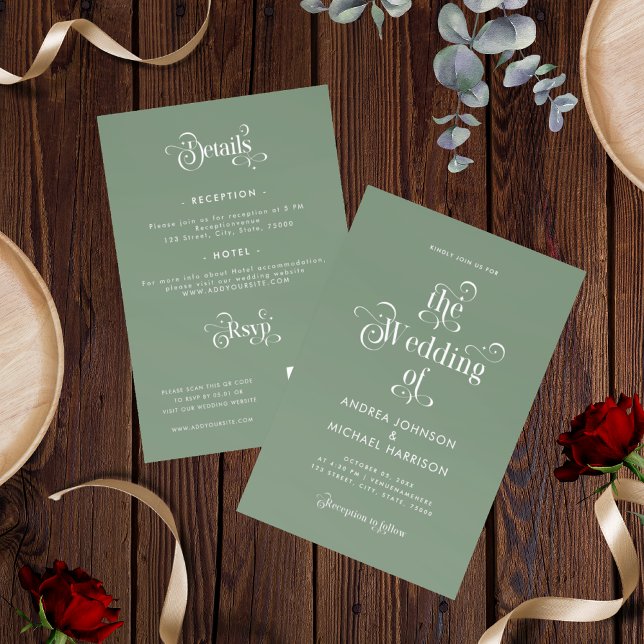Invitación Verde Musgo Sage Retro Todo En Uno Código QR Boda (Subido por el creador)