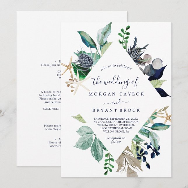 Invitación Verde Náutico moderno Diamante todo en 1 Boda (Anverso / Reverso)