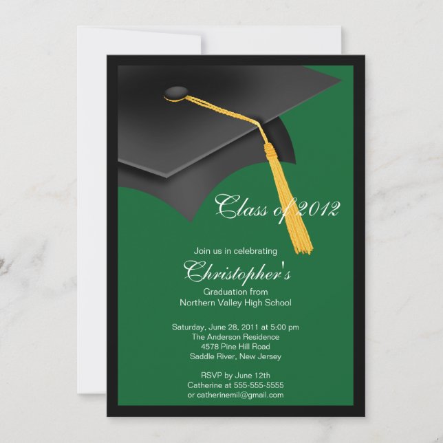 Invitación verde negra de la fiesta de graduación (Anverso)