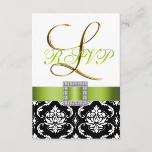 Invitación Verde Negro Blanco Damasco Inicial L RSVP Boda
