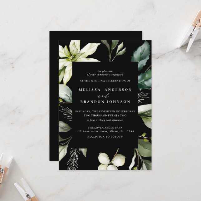 Invitación Verde Negro | Boda botánico acuarela  (Anverso/Reverso In Situ)