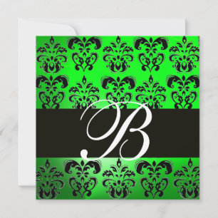 Invitación VERDE NEGRO  DAMASCO MONOGRAMA , blanco