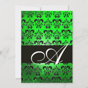 Invitación VERDE NEGRO DAMASCO MONOGRAMA ,blanco brillante