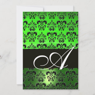 Invitación VERDE NEGRO DAMASCO MONOGRAMA ,blanco brillante