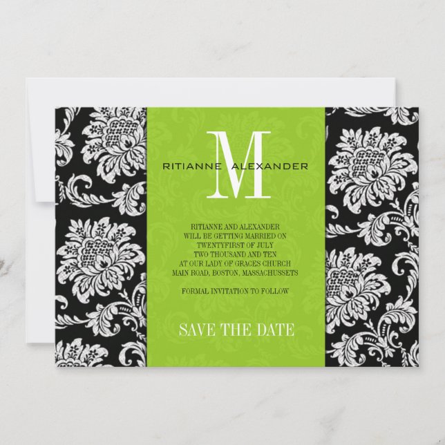 Invitación Verde Negro Monograma Damask Boda Guardar la Fecha (Anverso)