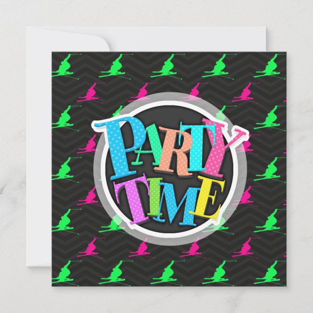 Invitación Verde Neón, Rosa Caliente, Esquí de Nieve, Chevron (Anverso)