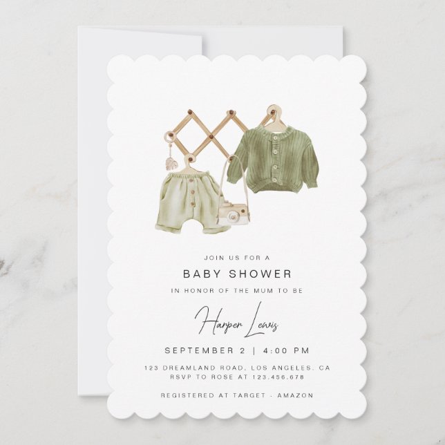 Invitación verde neutral de Baby Shower (Anverso)