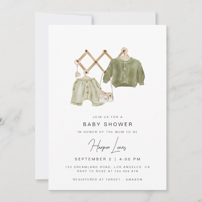 Invitación verde neutral de Baby Shower (Anverso)