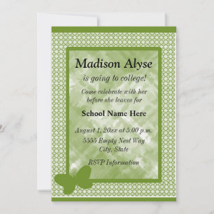 Invitación Verde oliva con mariposa fuera a la universidad in