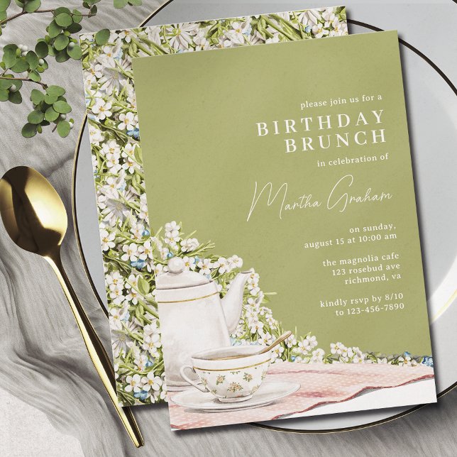 Invitación Verde oliva | Elegante brunch vintage de cumpleaño (Subido por el creador)