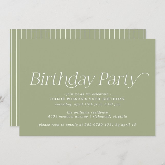 Invitación Verde oliva | Mínimo Simple Cualquier Cumpleaños D (Anverso / Reverso)