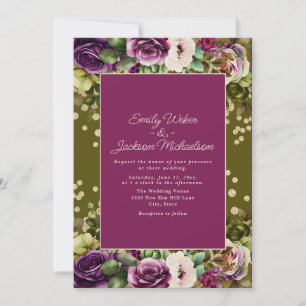 Invitación Verde Oliva Rosa Floral Acuarela Púrpura