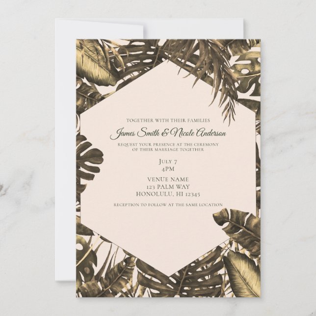 Invitación Verde Oliva y Crema Hojas de Palma Tropicales Boda (Anverso)