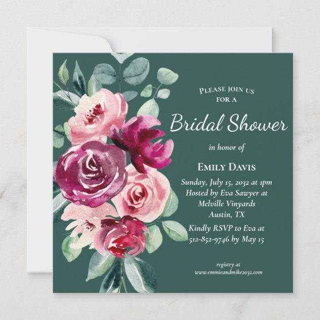 Invitación Verde oscuro, borgoña y ducha de novia Boho de Rub (Anverso)