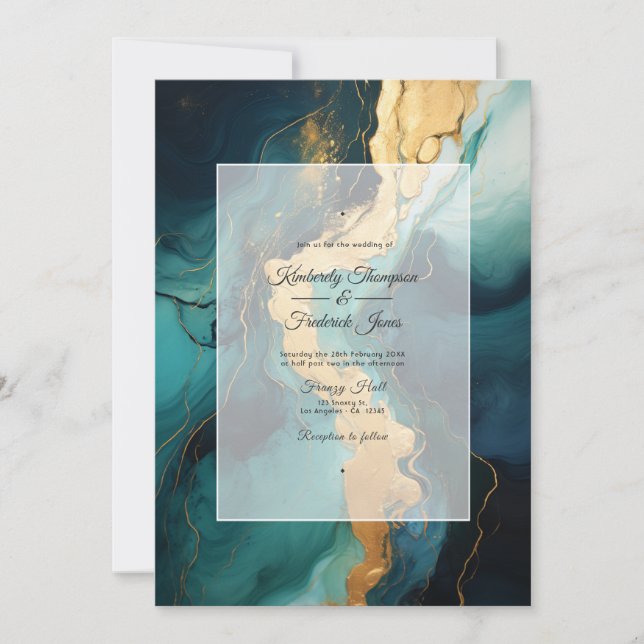 Invitación Verde oscuro, crema y Boda de tinta dorada (Anverso)