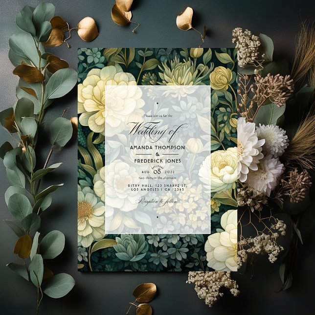 Invitación Verde oscuro, crema y Boda floral dorado (Subido por el creador)