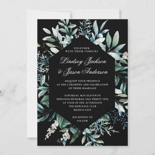 Invitación Verde oscuro Moody Elegante Boda floral (Anverso)