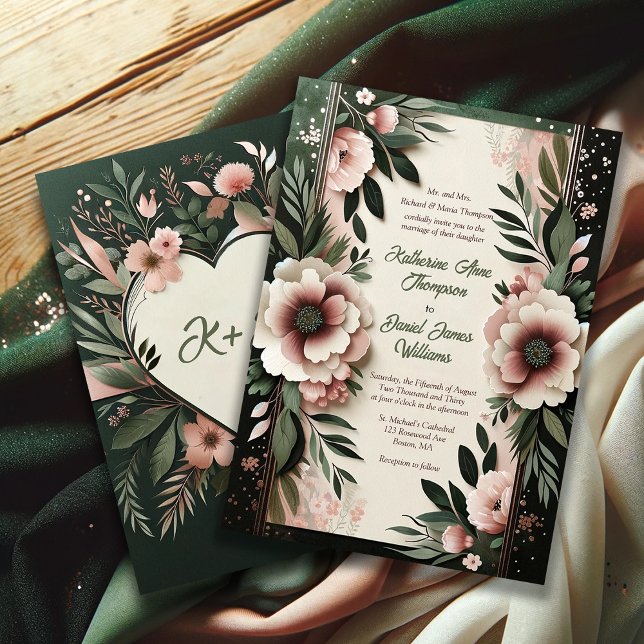Invitación Verde oscuro y Boda floral rosa Rubor (Subido por el creador)