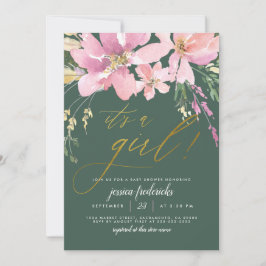 Invitación Verde Oscuro y Dorado Es una Niña Baby Shower Flor